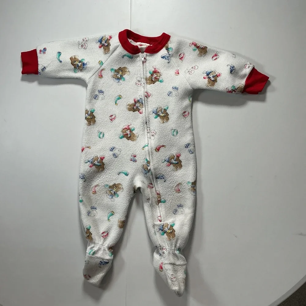 VTG 90s Carters Christmas Fleece Footed Sleeper Baby 6-12M Winter Bear White
